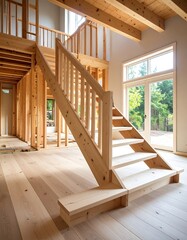 Wooden staircase in unfinished house
