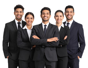 Corporate Team Members in Coordinated Black Suits, Facing Forward with Smiles, Transparent Background.