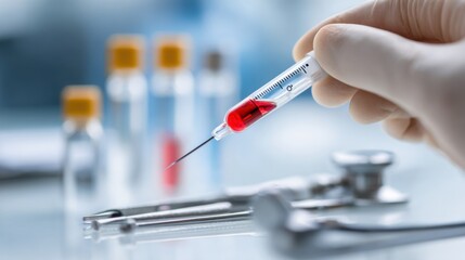 Naklejka premium Focused medium view of a clinical hand raising an HDL cholesterol meter needle into the danger red zone emphasizing spikes in good cholesterol with outoffocus medical tools in the