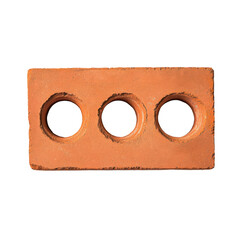 Red clay brick with three round holes isolated on black