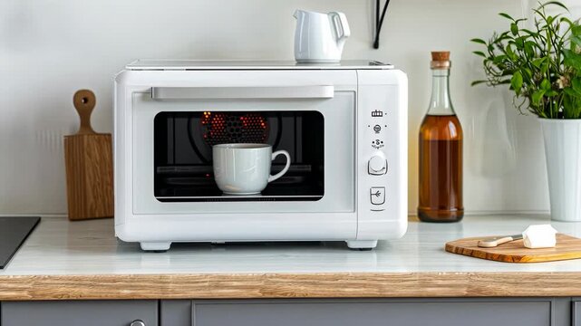 A white countertop appliance heats up coffee while surrounded by a minimalist kitchen design and decorative elements