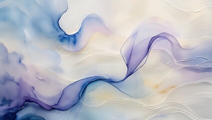 Abstract fluid art painting with soft colors and flowing lines in shades of blue and purple