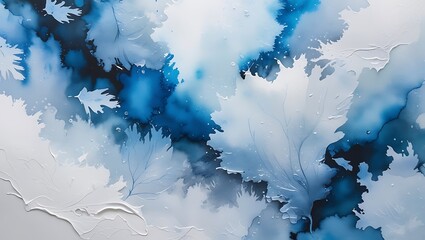 Abstract blue watercolor artwork depicting delicate leafy forms and textured details