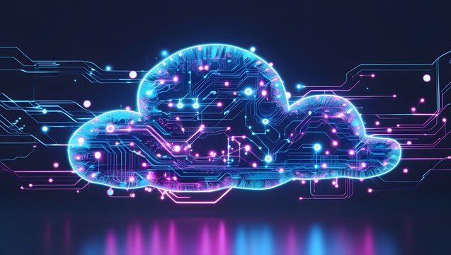 Abstract Cloud with Neon Circuitry and Glow Effects on Dark Background
