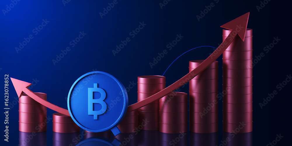 Poster a bitcoin coin with an upward trending arrow and bar graph against a blue background