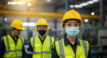 A team of safety conscious industrial workers wearing masks and hard hats collaborate on a manufacturing project, ensuring workplace safety and efficiency.