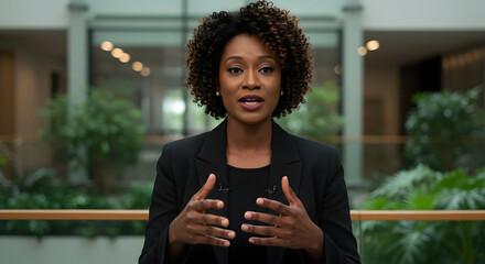 Confident businesswoman delivers a powerful presentation, showcasing leadership and expertise in a modern office setting.