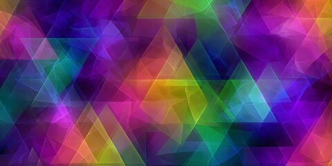 A vibrant abstract pattern of overlapping colorful geometric triangles with a glowing effect