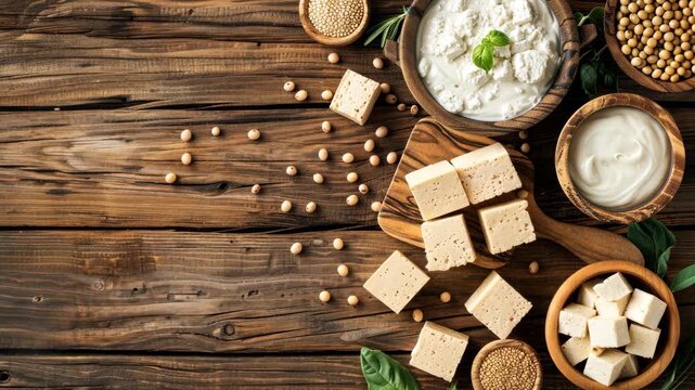 Explore the process of making tofu and its variations displayed on a rustic wooden table with fresh ingredients and textures