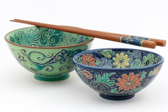 Two decorative bowls, one green, one blue, with chopsticks, set on a white background.  Intricate floral and swirling designs adorn the bowls