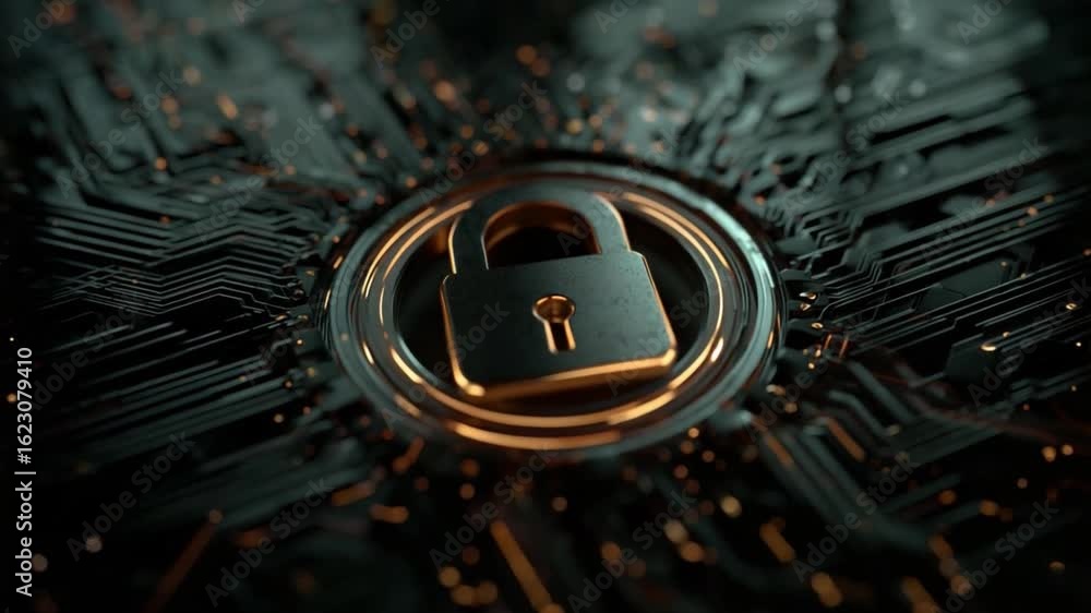 Poster cybersecurity fortress: a close-up shot reveals a gleaming padlock symbol, symbolizing security, emb