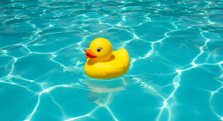 A cheerful yellow rubber duck floats serenely on the crystal-clear blue water of a refreshing swimming pool, perfect for summer fun and relaxation.
