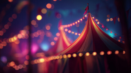 dark atmospheric circus tents with glowing string lights at night, mysterious carnival fairground scene &mdash; ideal for halloween posters, eerie event invitations, gothic themed designs, or dramatic story