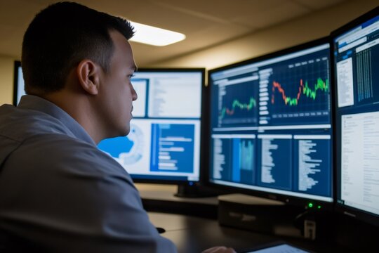 Security analyst working late at night, analyzing stock market data and financial charts displayed on multiple computer screens in a dark room