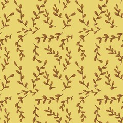 Seamless Botanical Leaf Pattern with Minimal Brown Branches on Yellow Background