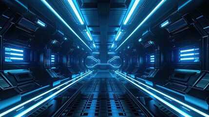A futuristic corridor with glowing blue lights and metallic surfaces, evoking a sci-fi environment.