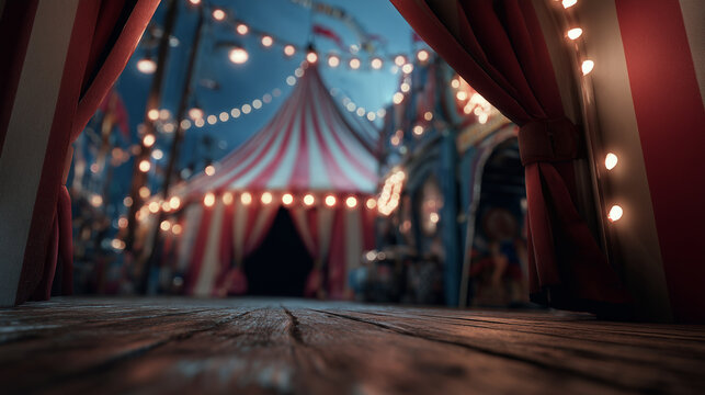 dark atmospheric circus tents with glowing string lights at night, mysterious carnival fairground scene — ideal for halloween posters, eerie event invitations, gothic themed designs, or dramatic story