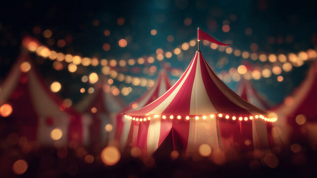 dark atmospheric circus tents with glowing string lights at night, mysterious carnival fairground scene — ideal for halloween posters, eerie event invitations, gothic themed designs, or dramatic story