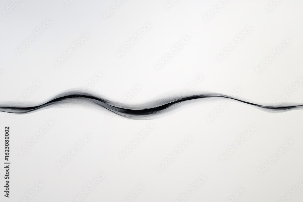 Poster minimalist black and white abstract background featuring a single continuous wavy line, creating a s