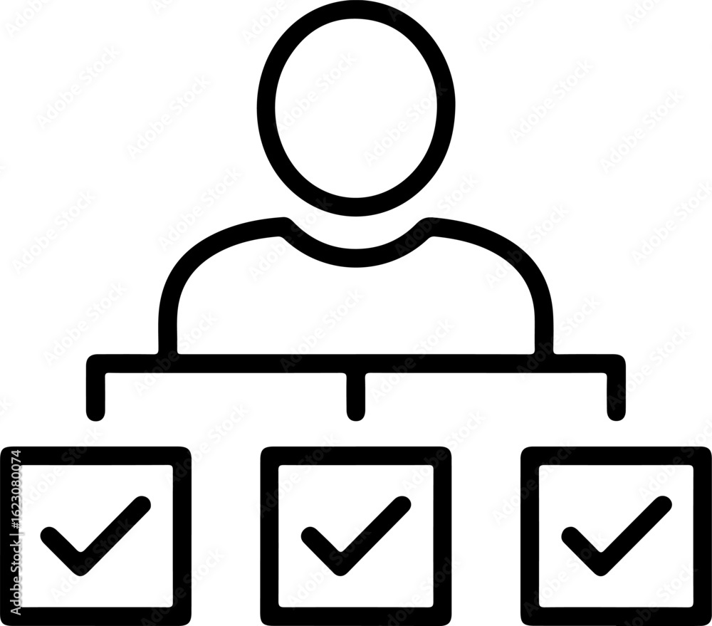 Poster human resources management and task completion icon representing organization and success