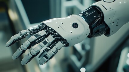 Close-up of a robotic hand with intricate details.