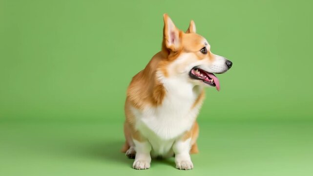Happy Pembroke Welsh Corgi Dog Sitting and Looking at Camera on Green Screen