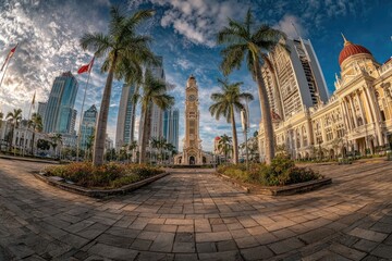 Wide-angle view of a city square, featuring a clock tower and modern buildings, framed by palm trees.  Sunny day, vibrant colors