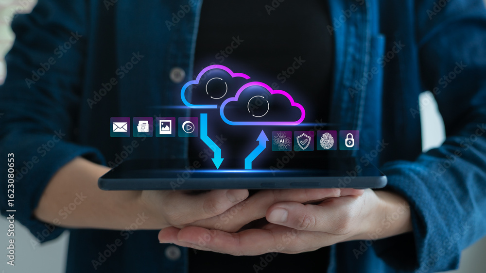 Poster close-up of a person holding a tablet with cloud synchronization and cybersecurity icons. concept of