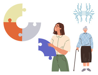 Woman holding a purple puzzle piece near a colorful puzzle. An elderly woman stands with a cane and a futuristic digital circuit above, ideal for teamwork, planning, caregiving, technology