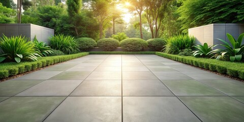 Serene Garden Pathway A sunlit expanse of paving stones leads through meticulously landscaped grounds, bordered by lush greenery and low walls, creating a tranquil and inviting outdoor space.