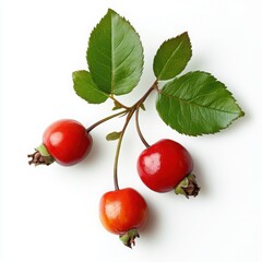 Three ripe rose hips with green leaves on white background