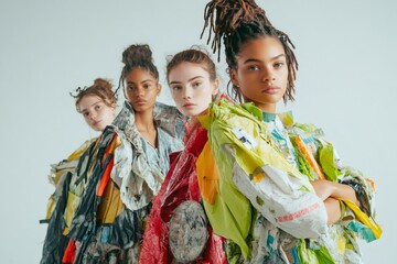 Four fashion models wearing clothes made from recycled plastic are posing, showcasing sustainable fashion and environmental awareness