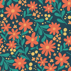 Hand drawn flowery pattern. Repetitive, continuous, seamles . Navy background big orange flowers with steams and small doted flowers. 
