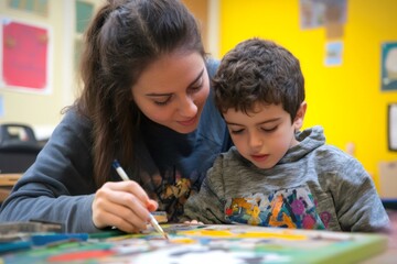 Female teacher assisting a young boy with his painting in a colorful classroom setting, fostering creativity and learning through art