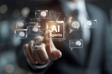 A person interacts with a futuristic holographic interface, touching a screen that displays AI Agents and brain icons