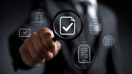 A business person holds a magnifying glass over a checklist, representing quality control and document verification