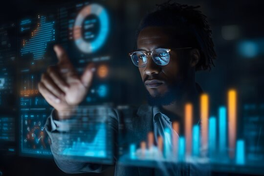 African American professional analyzes futuristic data, interacting with digital charts and information for business intelligence - Powered by Adobe