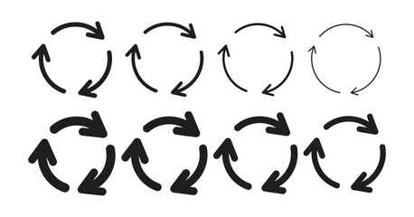 Collection of three circular arrows vector icons. Symbols for refreshing, reloading, recycling, reusing, and more isolated on a white background. Circular arrows for web and apps. Vector illustration