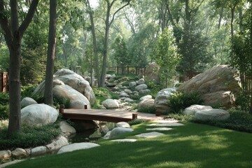Lush garden with a meandering stream, large rocks, and a small wooden bridge