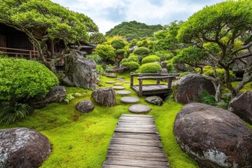 Zen garden path, moss, rocks, and trees