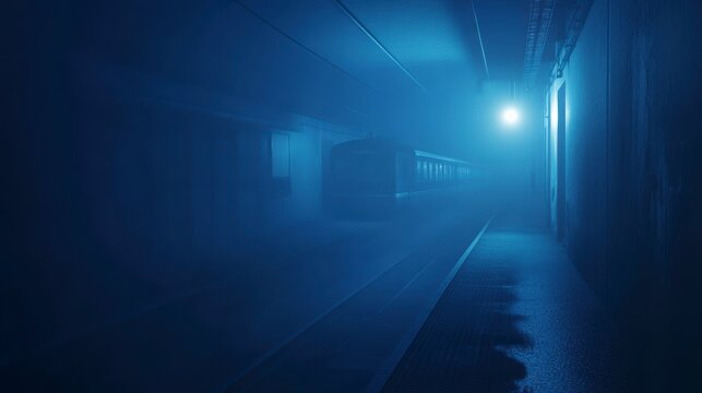 Foggy subway platform at night with a train in the distance.