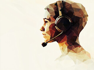 A low-poly, triangular-faceted illustration of a woman's head wearing a headset with a microphone, suggesting a focus on communication and support.