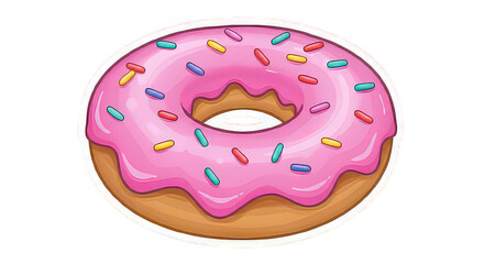 A cartoon donut with pink frosting and colorful sprinkles isolated on a white background sticker style
