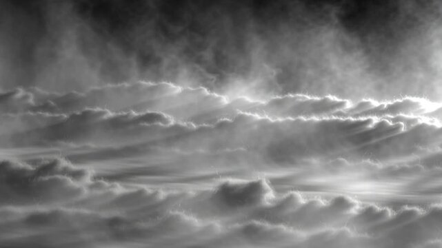 Silver fog scrolling slowly, moonlight glow, ethereal soft textures, grayscale on black background, drifting horizontal motion, ambient mist, seamless video loop 4k