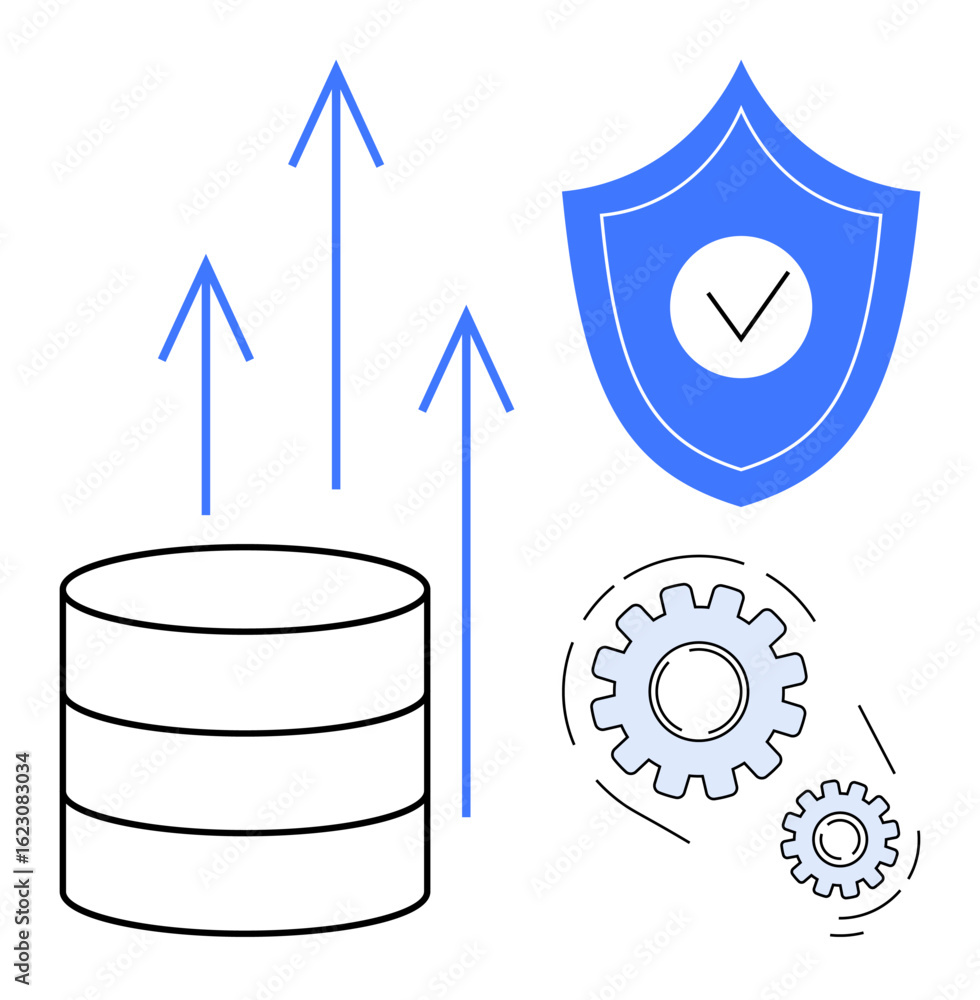 Poster database icon with upward arrows symbolizing data growth, shield ensuring security, and gears for op