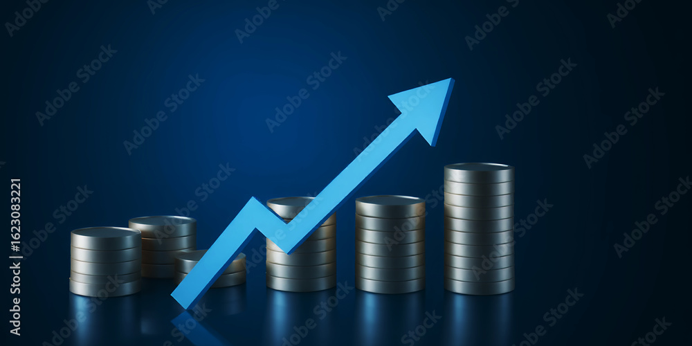 Poster stacks of coins with a blue arrow pointing upwards on a dark blue gradient background