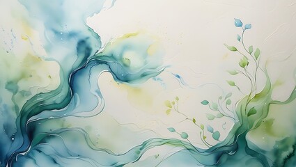 Abstract watercolor painting featuring flowing shades of blue and green with delicate leaves