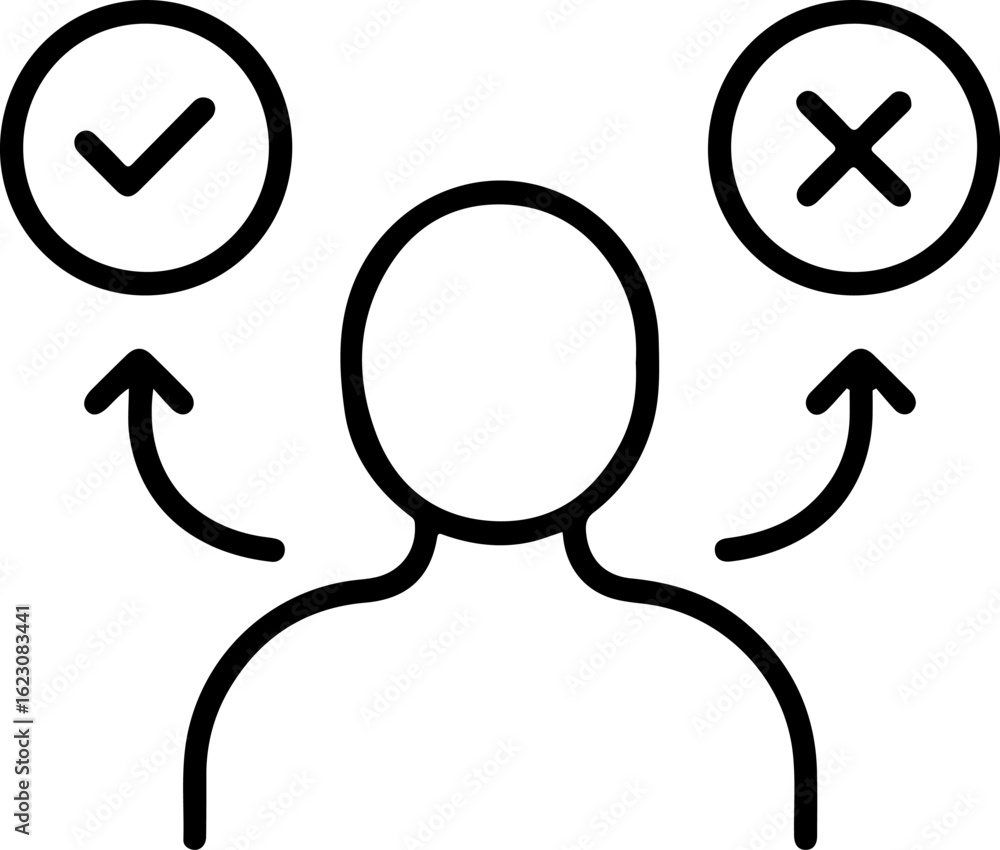 Poster human figure with check mark and cross symbols representing decision making and choices