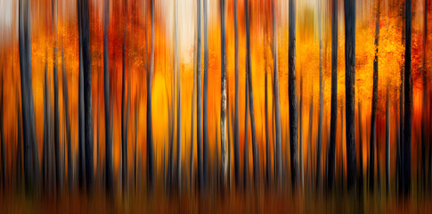 Vibrant Autumn Forest Scene with Colorful Trees Aglow in Fiery Orange and Yellow Foliage