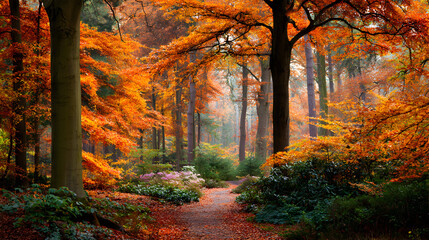 Vibrant Autumn Forest Scene with Colorful Trees Ablaze in Shades of Orange and Red